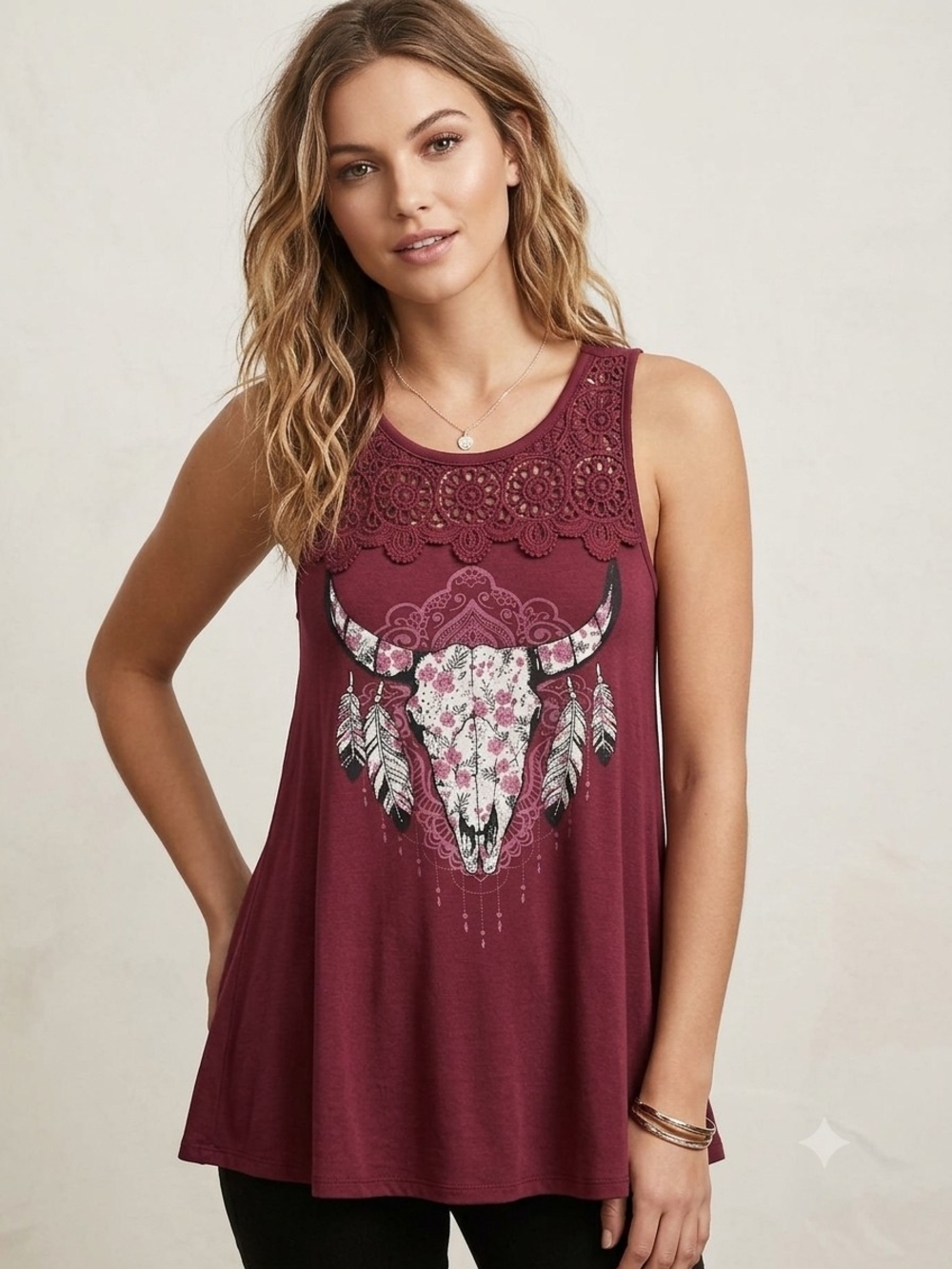 Wound Up Bohemian Maroon Crochet-Yoke Floral Bull Skull Tank Size S.    WS 204